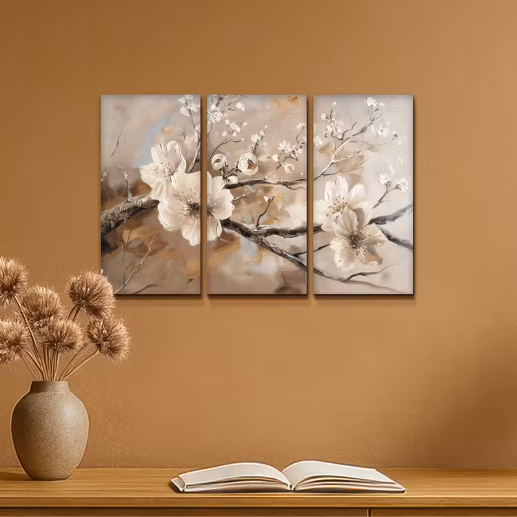 Meerluik schilderij - 3 luiken - Bloesem - Beige - Abstract - Bloemen — 6