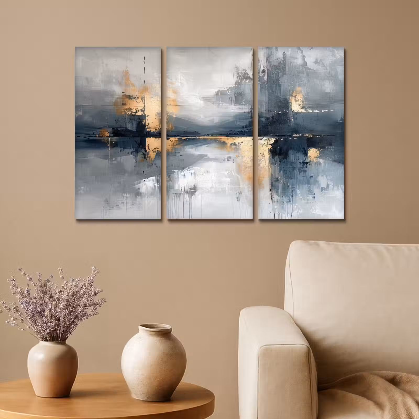 Meerluik schilderij - 3 luiken - Abstract - Grijs - Goud - Modern — 1