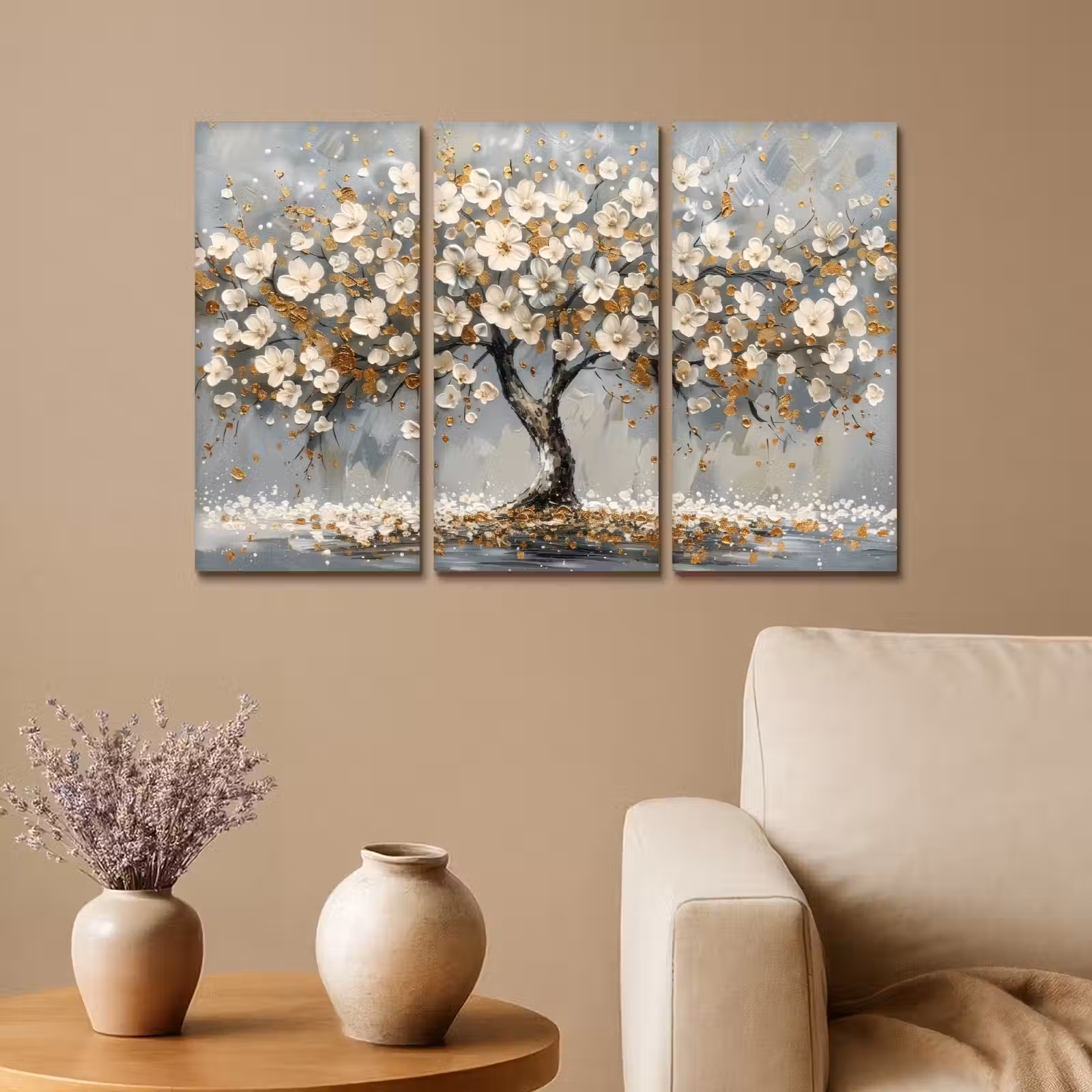 Meerluik schilderij - 3 luiken - Boom - Abstract - Wit - Bloesem — 1