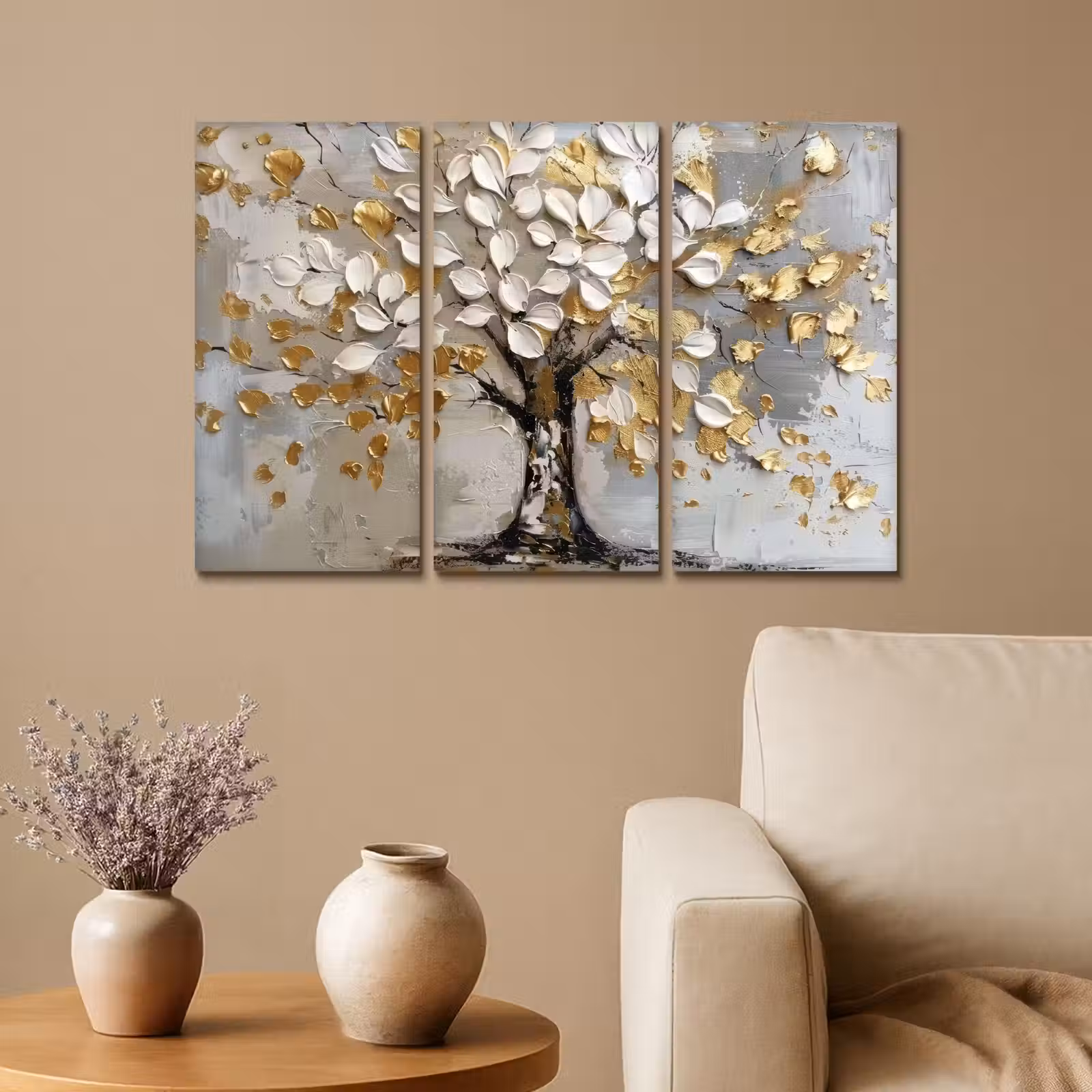 Meerluik schilderij - 3 luiken - Boom - Wit - Goud - Verflook — 1