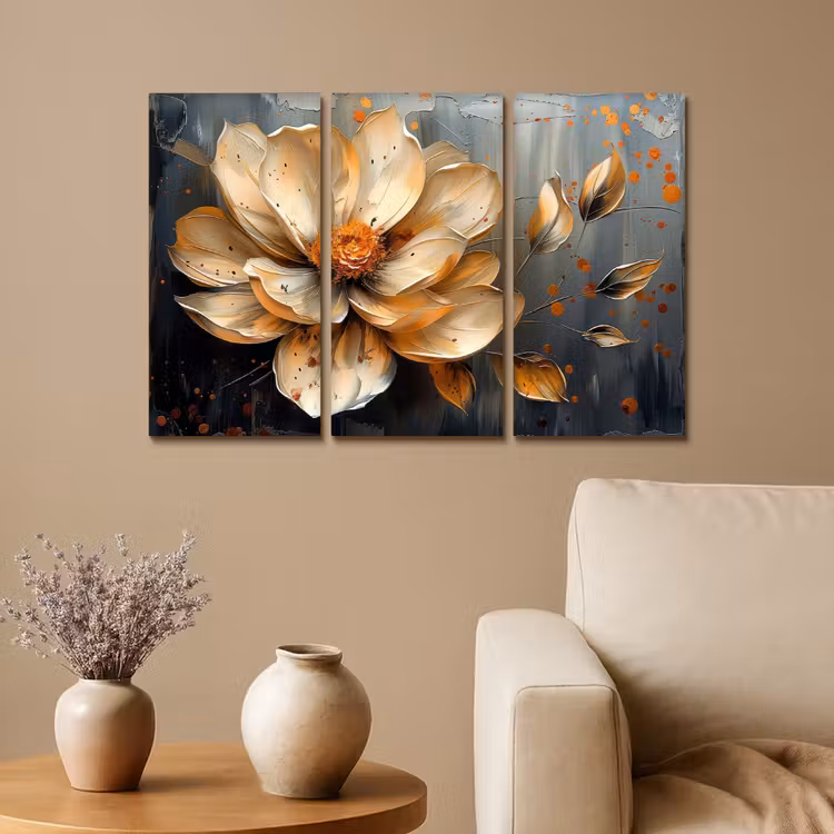 Meerluik schilderij - 3 luiken - Bloem - Goud - Abstract - Verf — 1