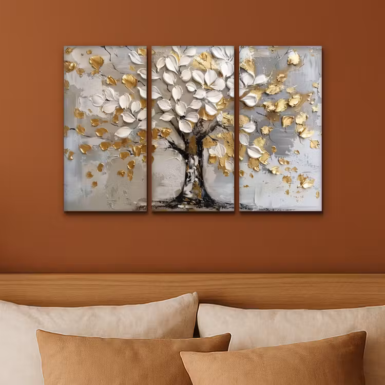 Meerluik schilderij - 3 luiken - Boom - Wit - Goud - Verflook — 3