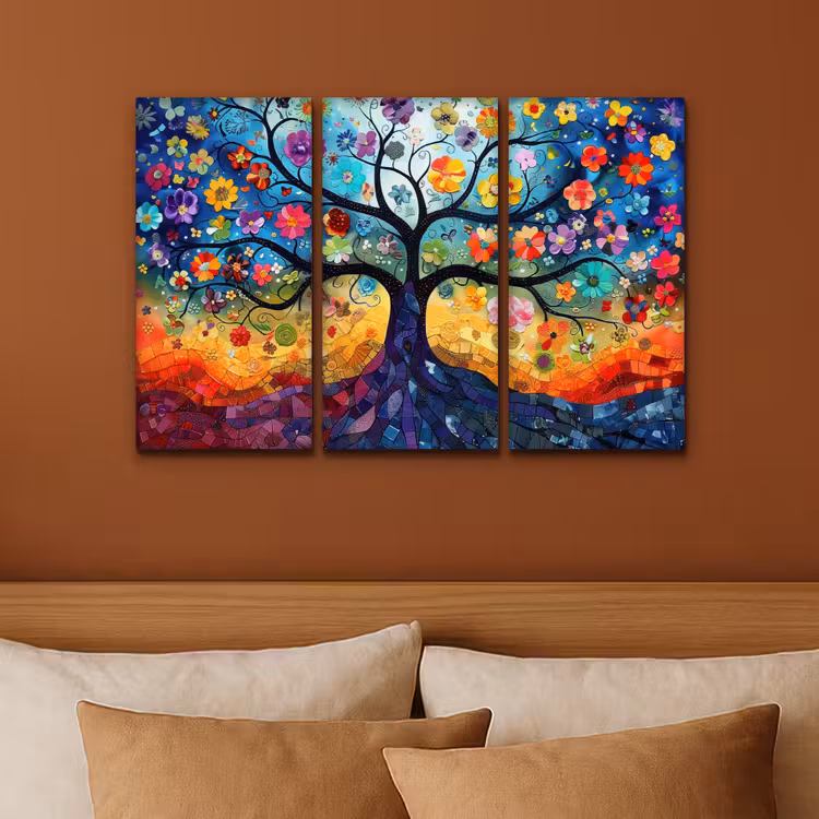 Meerluik schilderij - 3 luiken - Kleurrijk - Levensboom - Bloemen - Abstract — 3