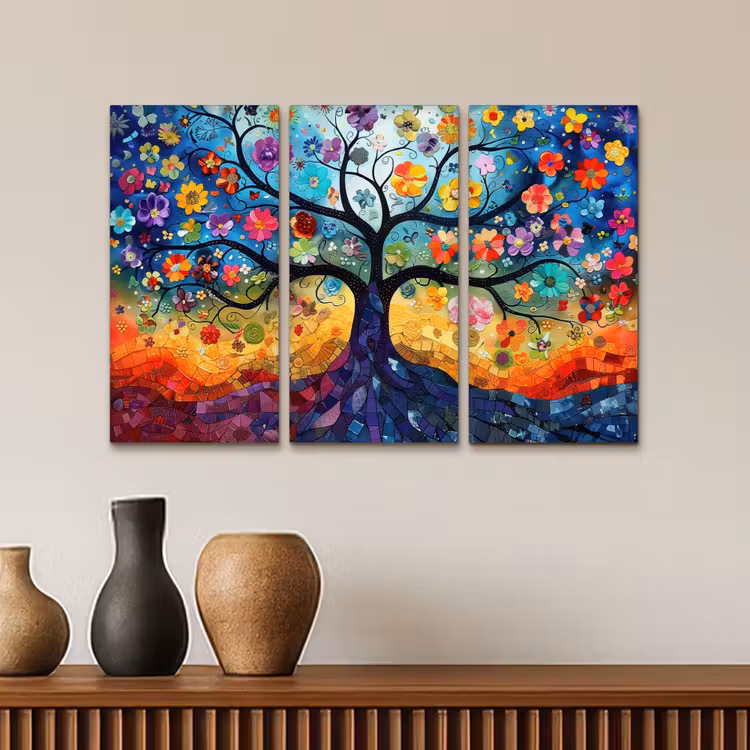 Meerluik schilderij - 3 luiken - Kleurrijk - Levensboom - Bloemen - Abstract — 4