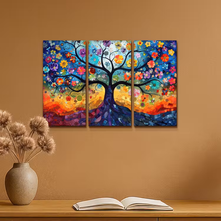Meerluik schilderij - 3 luiken - Kleurrijk - Levensboom - Bloemen - Abstract — 6