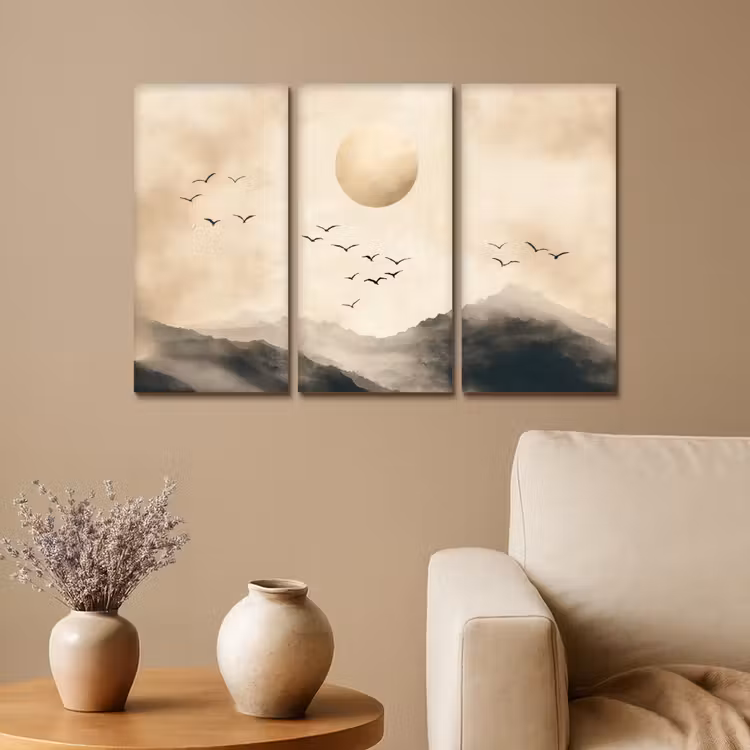 Meerluik schilderij -  3 luiken - Landschap - Japandi - Beige - Vogels — 1