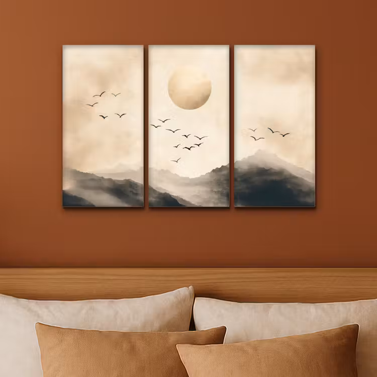 Meerluik schilderij -  3 luiken - Landschap - Japandi - Beige - Vogels — 3