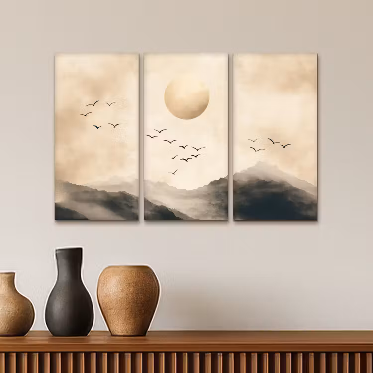 Meerluik schilderij -  3 luiken - Landschap - Japandi - Beige - Vogels — 4