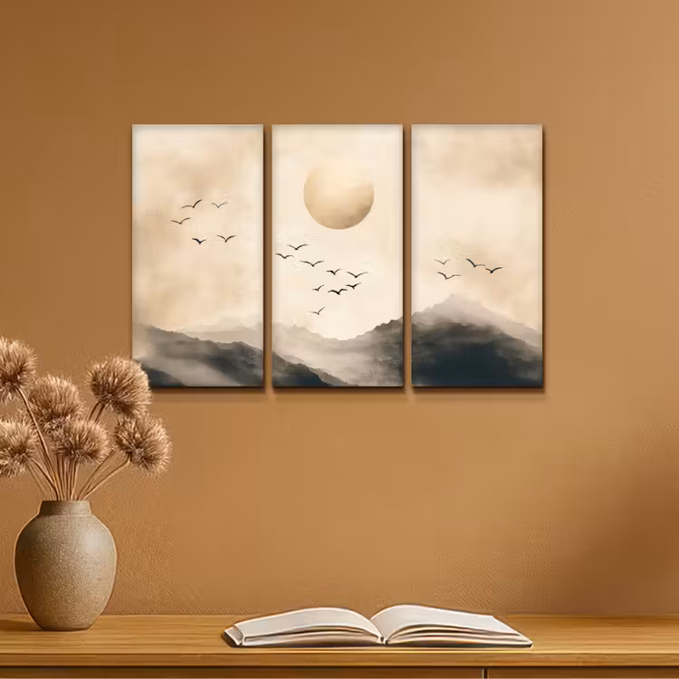 Meerluik schilderij -  3 luiken - Landschap - Japandi - Beige - Vogels — 6