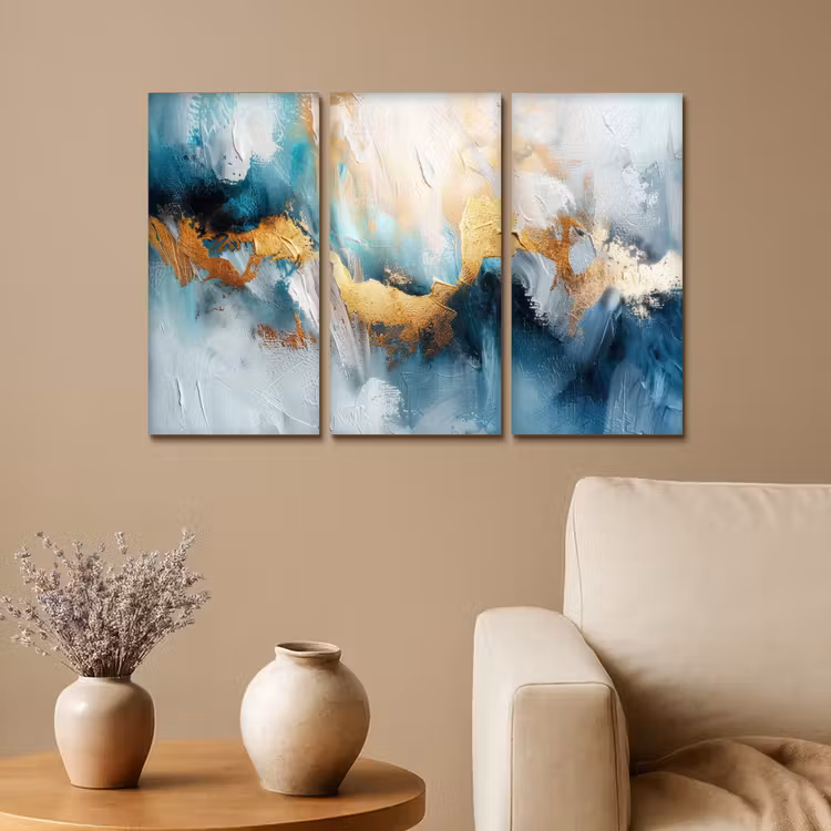 Meerluik schilderij - 3 luiken - Blauw - Abstract - Wit - Goud - Verf — 1