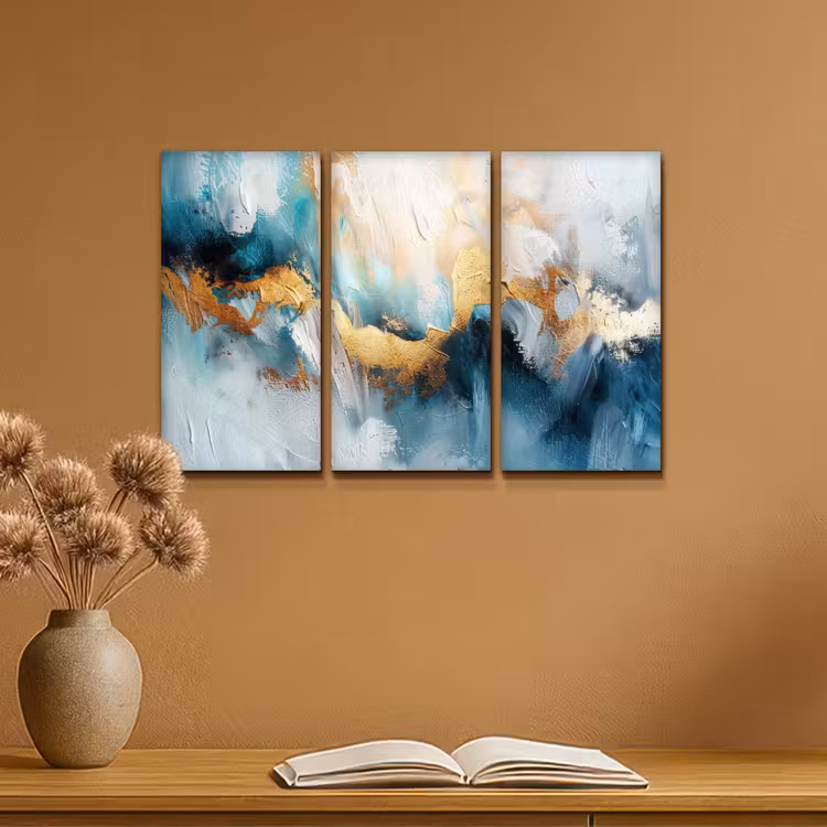 Meerluik schilderij - 3 luiken - Blauw - Abstract - Wit - Goud - Verf — 6