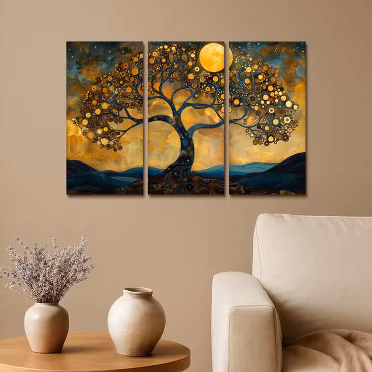 Meerluik schilderij - 3 luiken - Boom - Geel - Abstract - Modern — 1