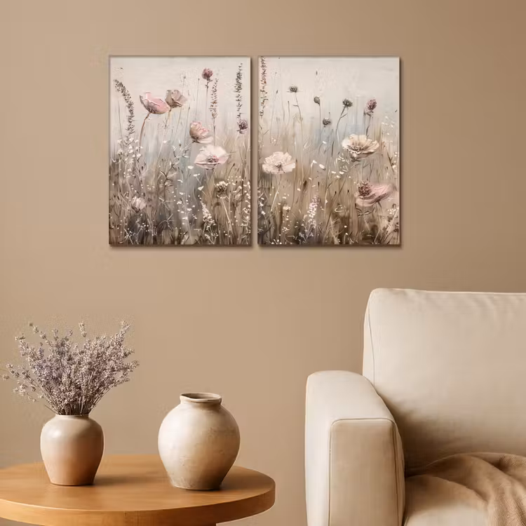 Meerluik schilderij -  2 luiken - Bloemen - Beige - Modern - Roze — 1