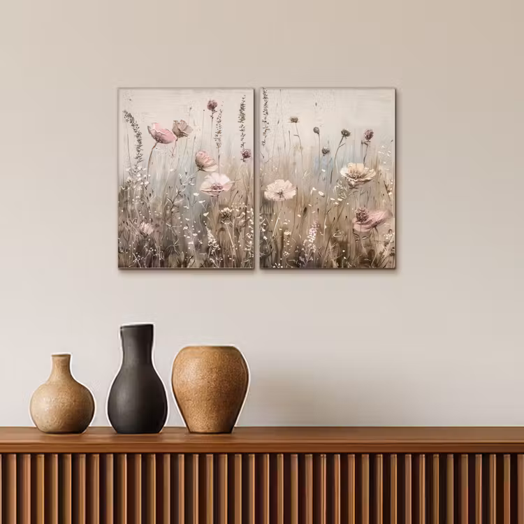 Meerluik schilderij -  2 luiken - Bloemen - Beige - Modern - Roze — 4