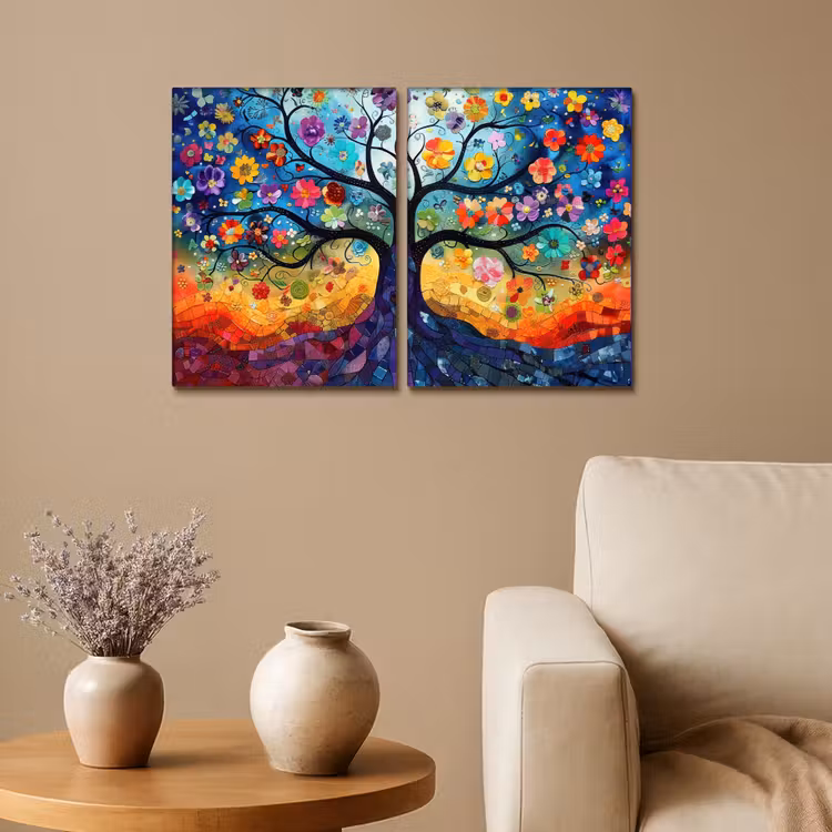 Meerluik schilderij - 2 luiken - Kleurrijk - Levensboom - Bloemen - Abstract — 1