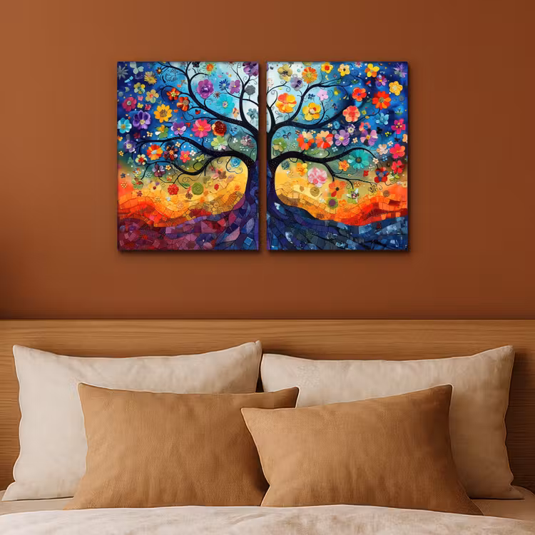 Meerluik schilderij - 2 luiken - Kleurrijk - Levensboom - Bloemen - Abstract — 3