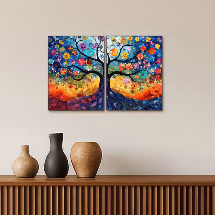 Meerluik schilderij - 2 luiken - Kleurrijk - Levensboom - Bloemen - Abstract — 4
