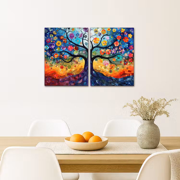 Meerluik schilderij - 2 luiken - Kleurrijk - Levensboom - Bloemen - Abstract — 5