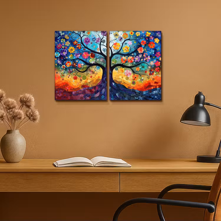Meerluik schilderij - 2 luiken - Kleurrijk - Levensboom - Bloemen - Abstract — 6