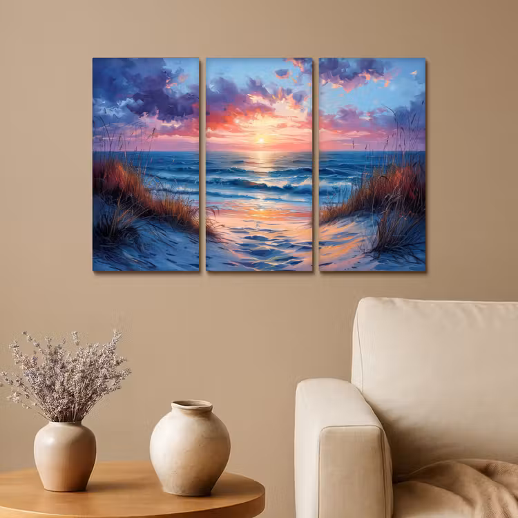 Meerluik schilderij - 3 luiken - Strand - Blauw - Verf - Paars — 1