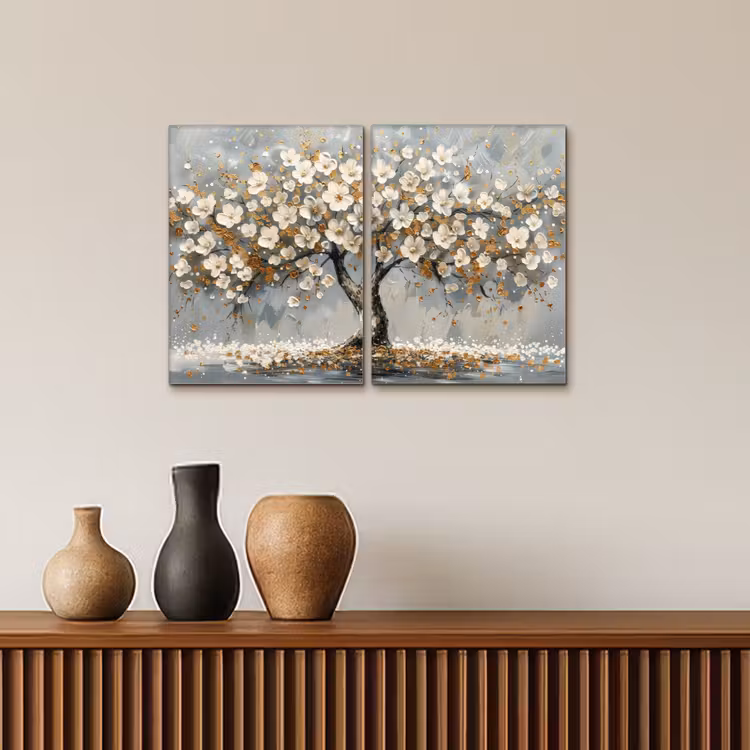 Meerluik schilderij - 2 luiken - Boom - Abstract - Wit - Bloesem — 4