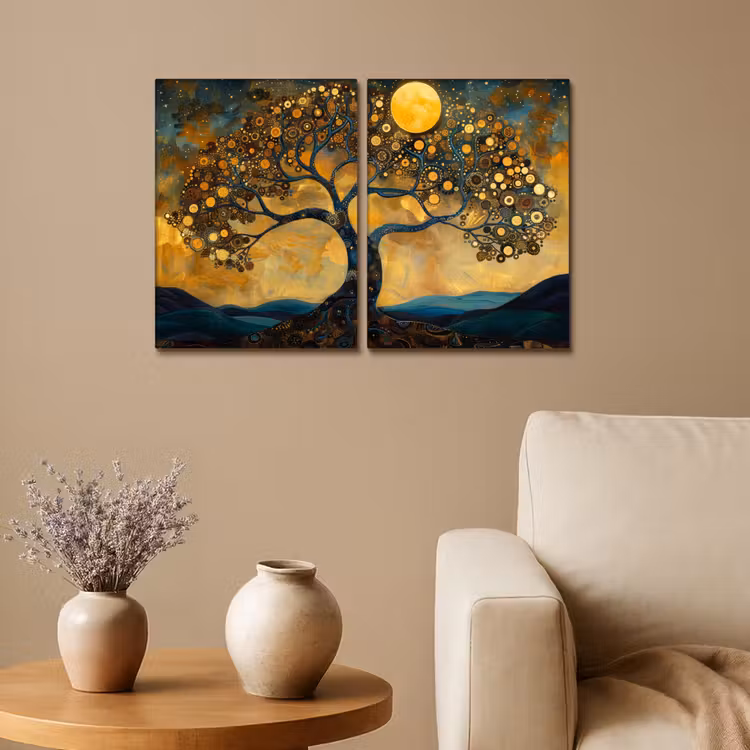 Meerluik schilderij -  2 luiken - Boom - Geel - Abstract - Modern — 1