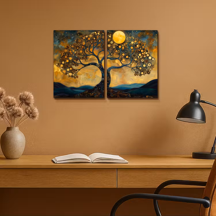 Meerluik schilderij -  2 luiken - Boom - Geel - Abstract - Modern — 6