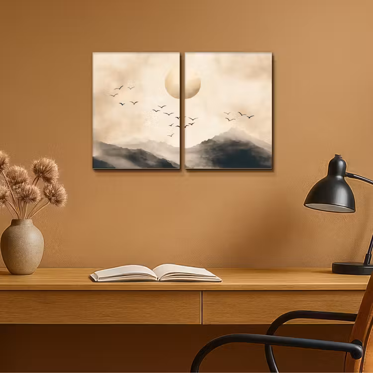 Meerluik schilderij - 2 luiken - Landschap - Japandi - Beige - Vogels — 6