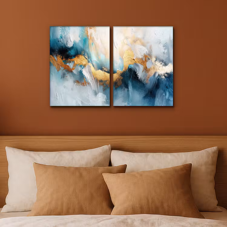 Meerluik schilderij - 2 luiken - Blauw - Abstract - Wit - Goud - Verf — 3