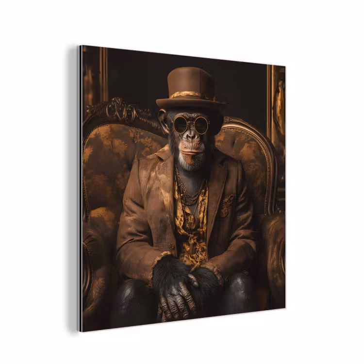 Aluminium schilderij - Chimpansee - Stoel - Pak - Bruin — 1