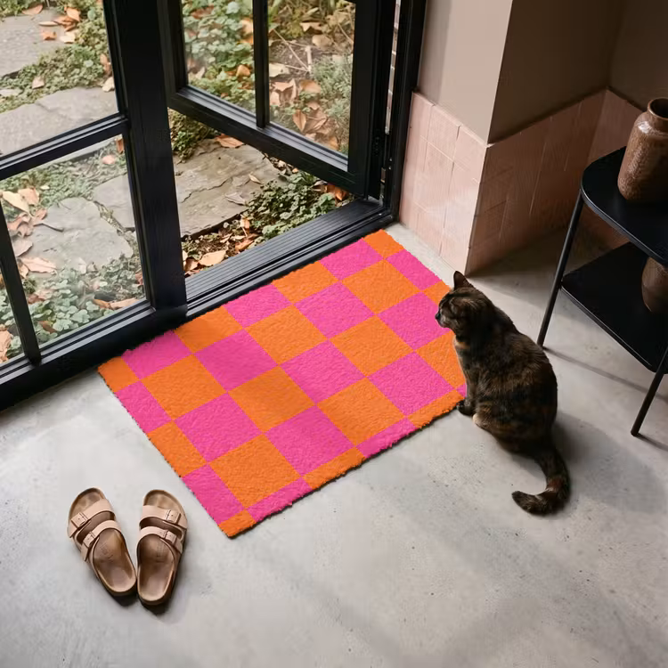 Deurmat - Schaakbord print - Oranje - Roze - Blokjes — 2
