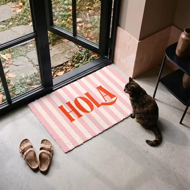 Deurmat - Hola - Quote -  Strepen - Pastel - Roze - Rood - Wit — 2