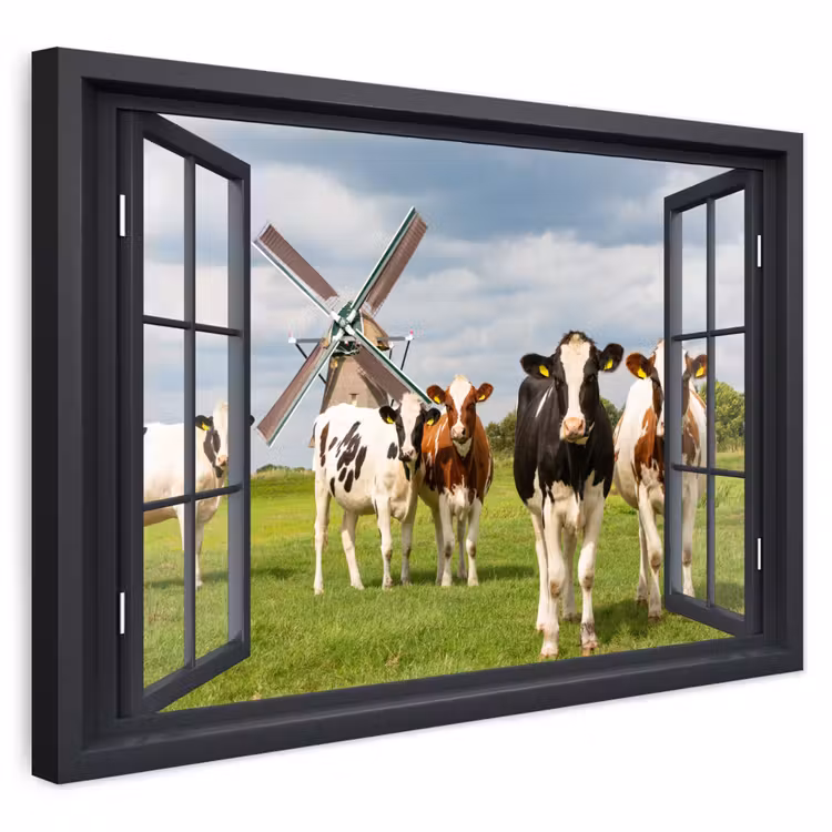 Buiten canvas - Doorkijk - Koe - Molen - Koeien - Weiland - Gras - Groen — 1