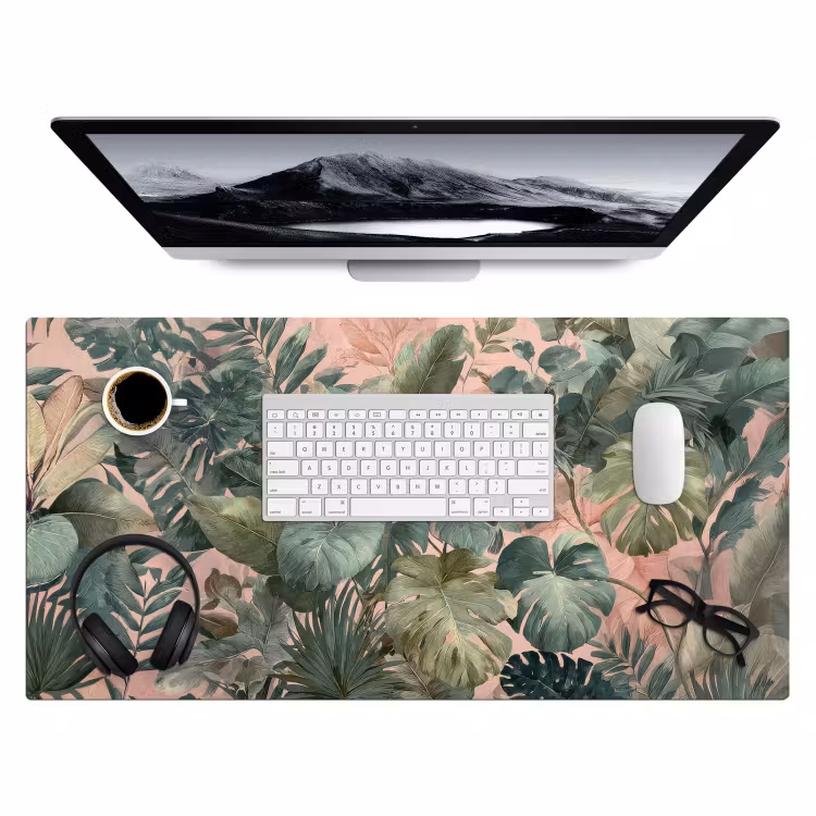 Bureau onderlegger - Compositie van bladeren - Groen - Roze — 3
