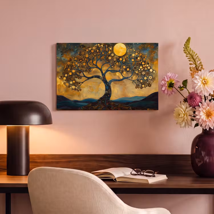 Canvas schilderij - Boom - Maan - Bloemen - Goud - Kunst — 4