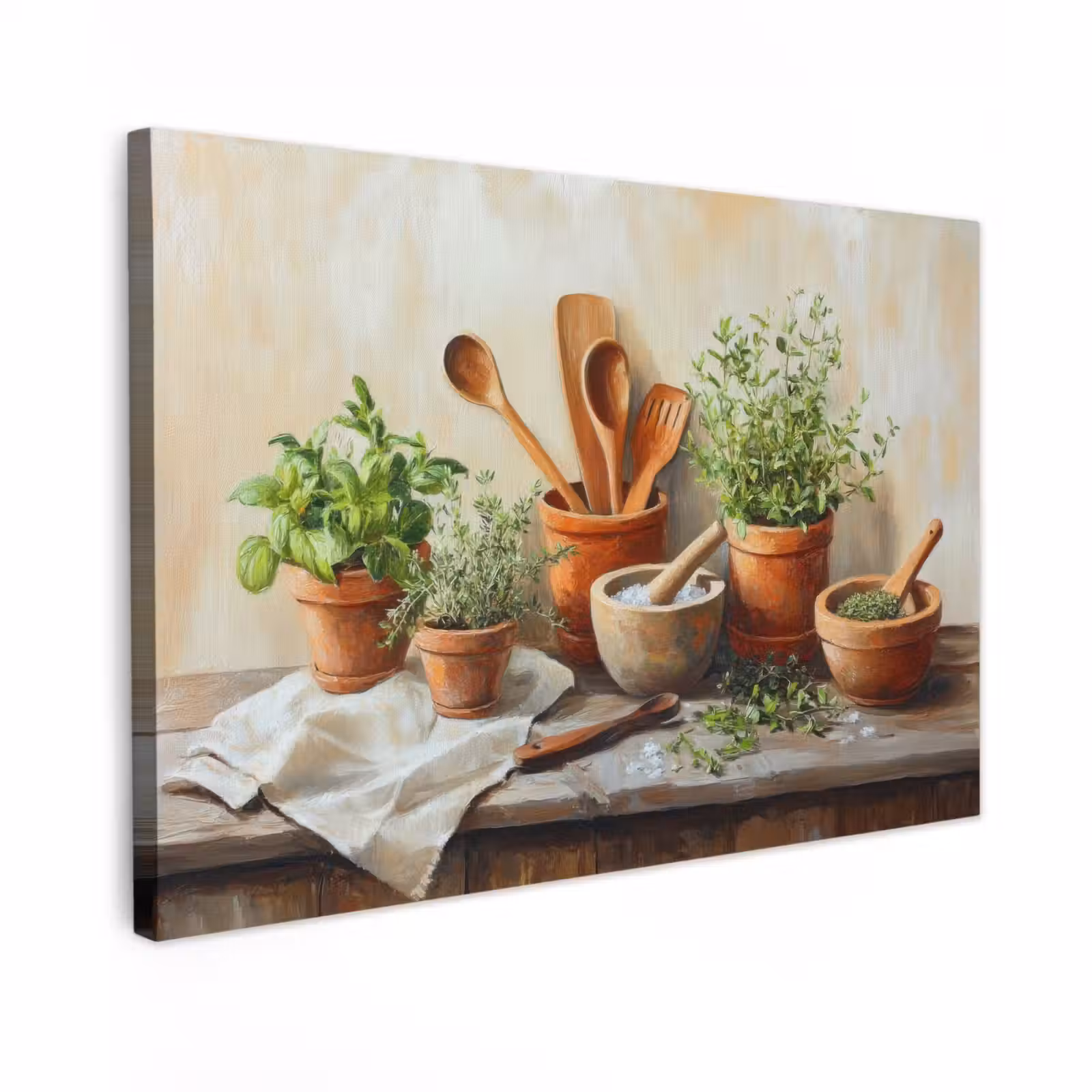 Canvas schilderij - Potten - Kruiden - Hout — 1