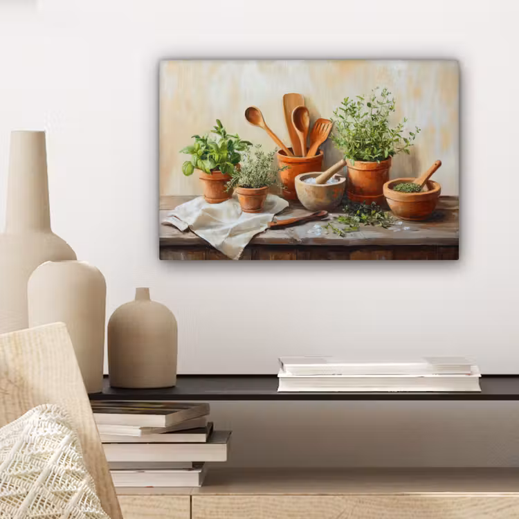 Canvas schilderij - Potten - Kruiden - Hout — 5