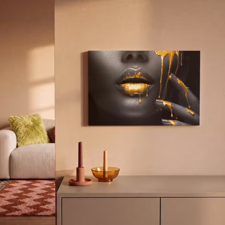 Canvas schilderij - Vrouw - Zwart - Goud - Gezicht - Lippen — 2