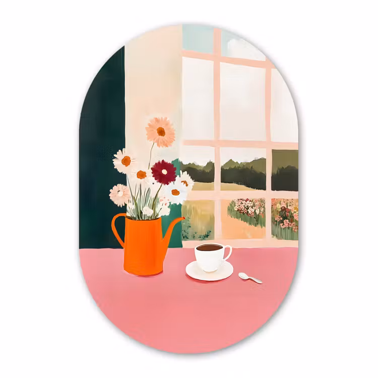 Muurovaal - Glas - Bloemen - Koffie - Raam — 1