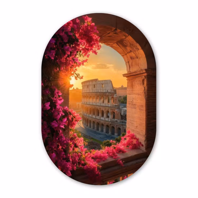 Muurovaal - Glas - Colosseum - Rome - Roze Bloemen — 1