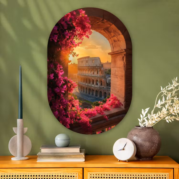 Muurovaal - Glas - Colosseum - Rome - Roze Bloemen — 2