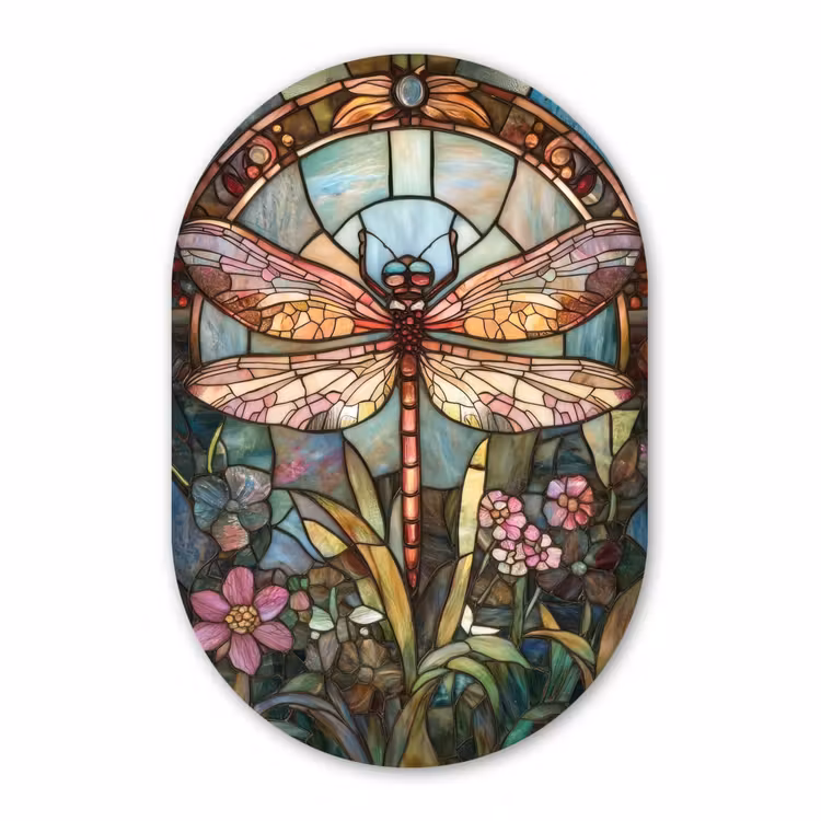 Muurovaal - Glas - Libelle - Mozaïek - Bloemen - Kleurrijk — 1