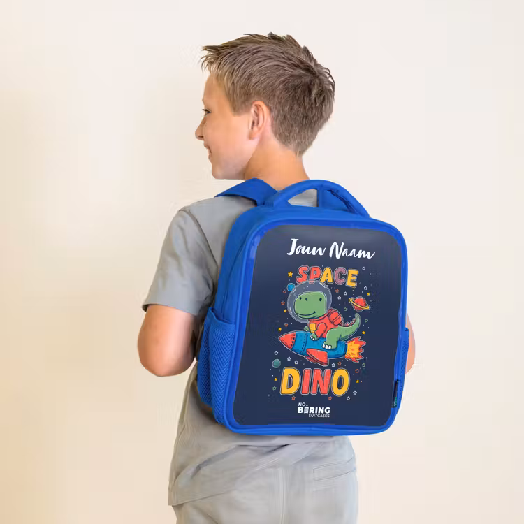 Kinderrugzak met naam - Blauw - Dinosaurus - Groen - Raket - Sterrenhemel β 3