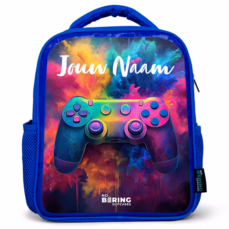 Kinderrugzak met naam - Blauw - Game - Controller - Kleurrijk - Explosie — 1