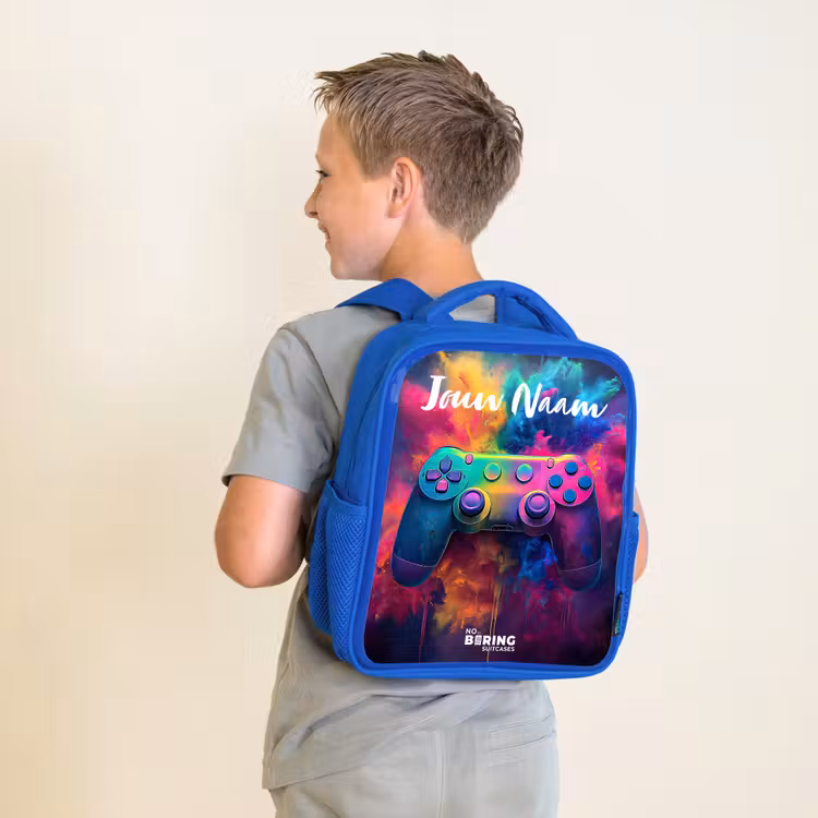 Kinderrugzak met naam - Blauw - Game - Controller - Kleurrijk - Explosie — 3