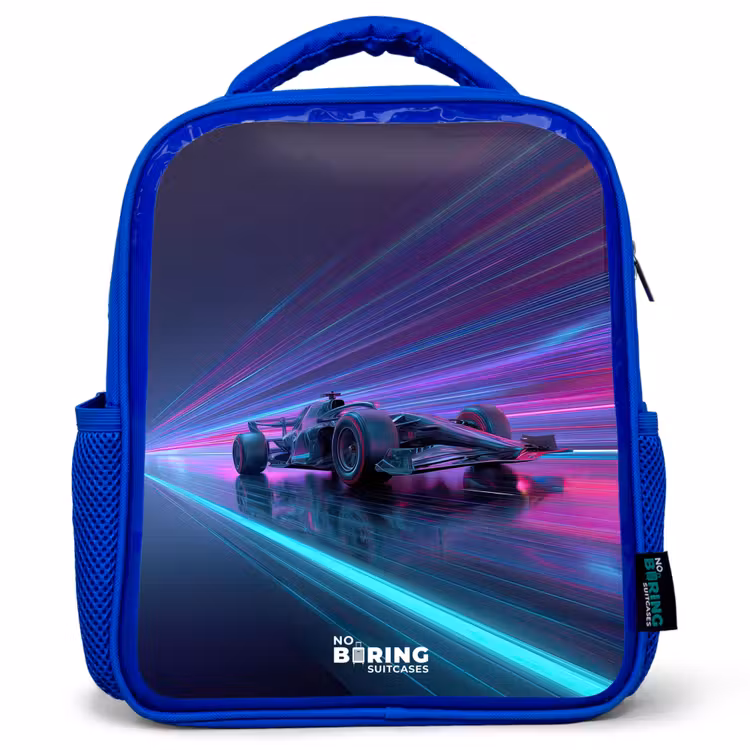 Kinderrugzak - Blauw - Neon - Raceauto - Lichtstrepen - Paars — 1