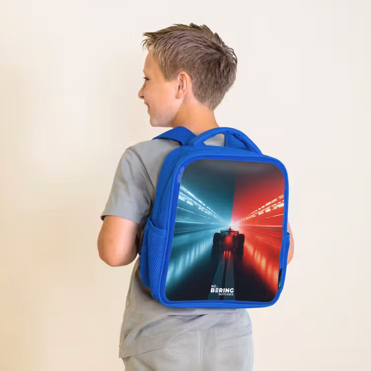 Kinderrugzak - Blauw - Baan - Raceauto - Neon - Rood — 3