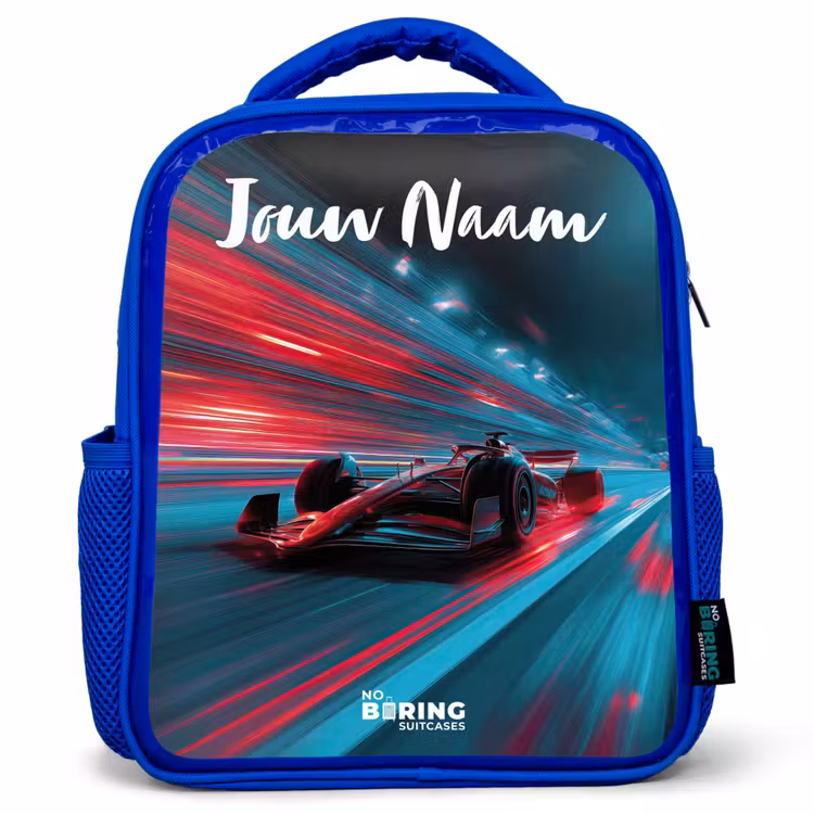 Kinderrugzak met naam - Blauw - Formule 1 - Raceauto - Rood - Neonverlichting — 1