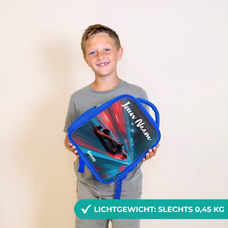 Kinderrugzak met naam - Blauw - Formule 1 - Raceauto - Rood - Neonverlichting — 2