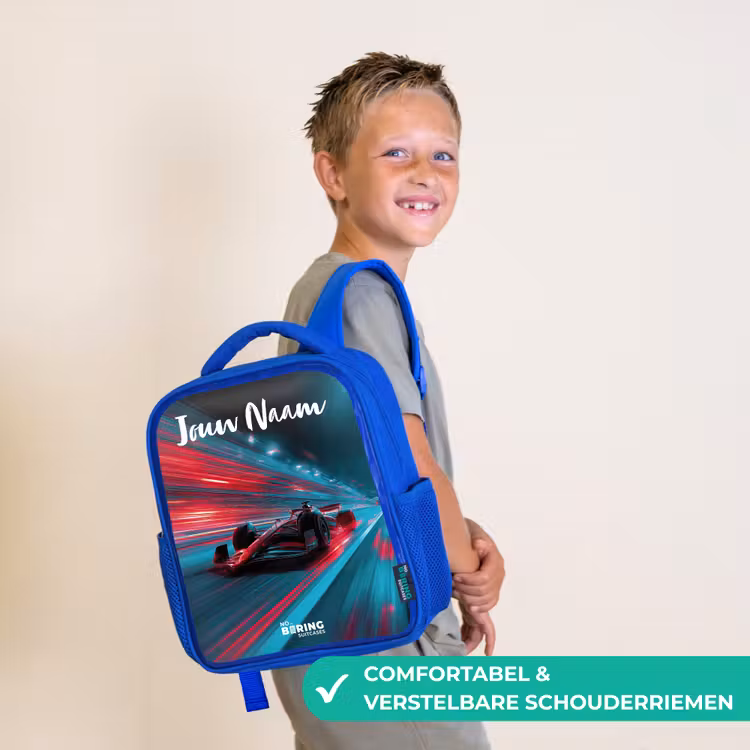 Kinderrugzak met naam - Blauw - Formule 1 - Raceauto - Rood - Neonverlichting — 4